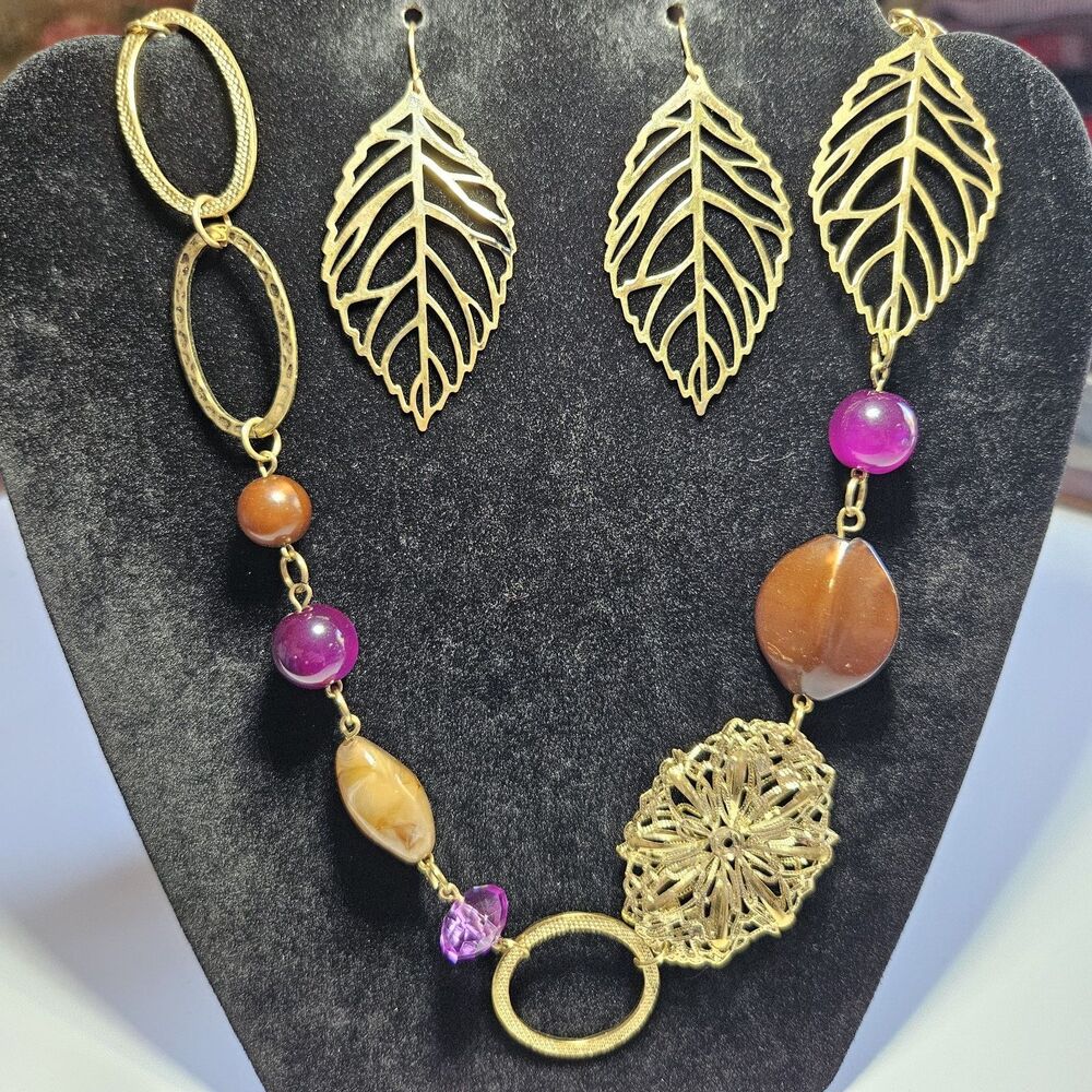 Gold Tone Autumn Colors Chunky Necklace & Leaf Earrings 42" Purple Brown Beads